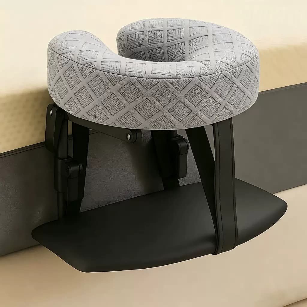 Grey face cradle set at the edge of a bed, ready for a home massage session