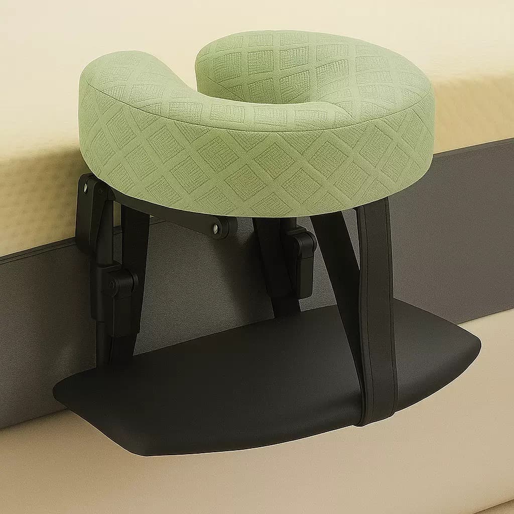The face cradle's flat plate sliding between a mattress and its base